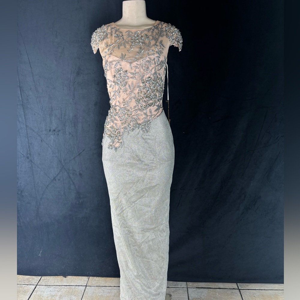 Exquisite Silver and Cream Floral Gown